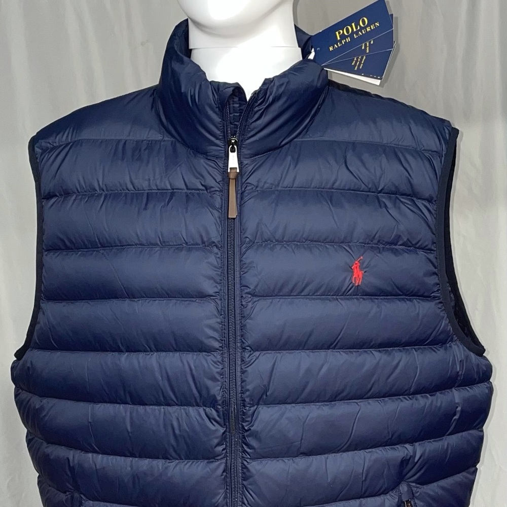New Large Polo Ralph Lauren Aviator Navy Blue Puffer Vest With Red Poloman Coat